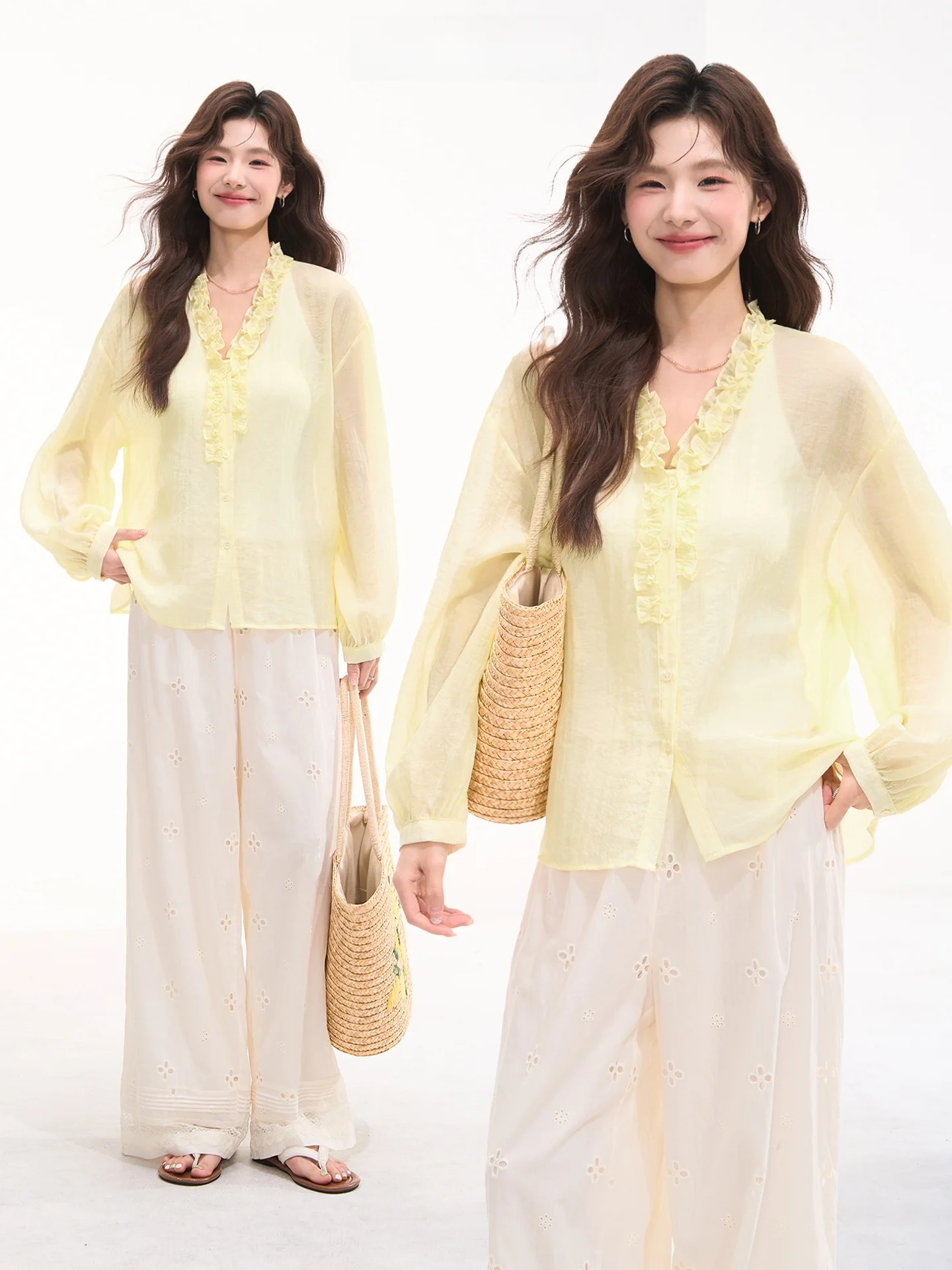 

Heme Summer Long Sleeve Shirt Women's Simple Matching Wooden Ear Casual Style Loose Fit Nylon Fabric Versatile Top