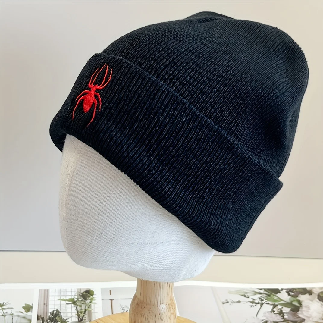 Spider embroidery graphic brimless urinal cap set solid color knitted cap elastic skull cap warm cuffs brimless beanie for women