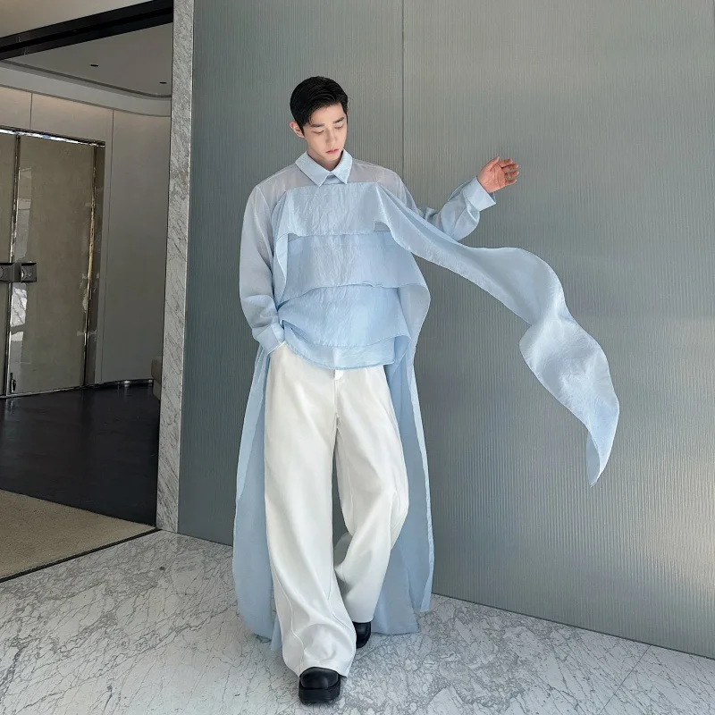 WTHT Trendy Men's Solid Color Patchwork Ribbon Design Shirts Fashion 2026 Summer Loose Lapel Pullover Male 2A2880