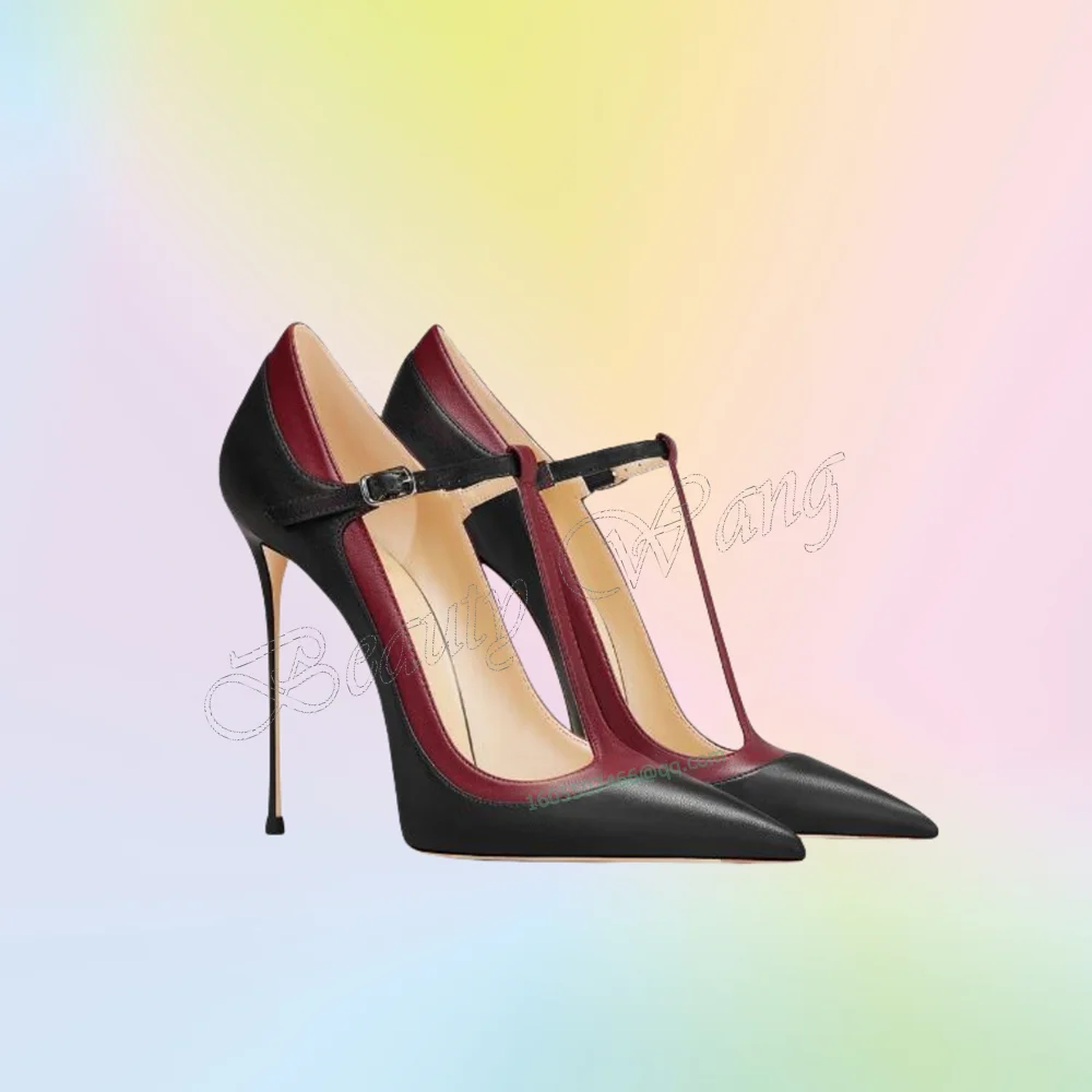 

Черные туфли-лодочки с Т-образным ремешком в стиле пэчворк, туфли на шпильке с острым носком, тонкие высокие туфли для женщин, свадебные туфли, 2025 Zapatillas Mujer