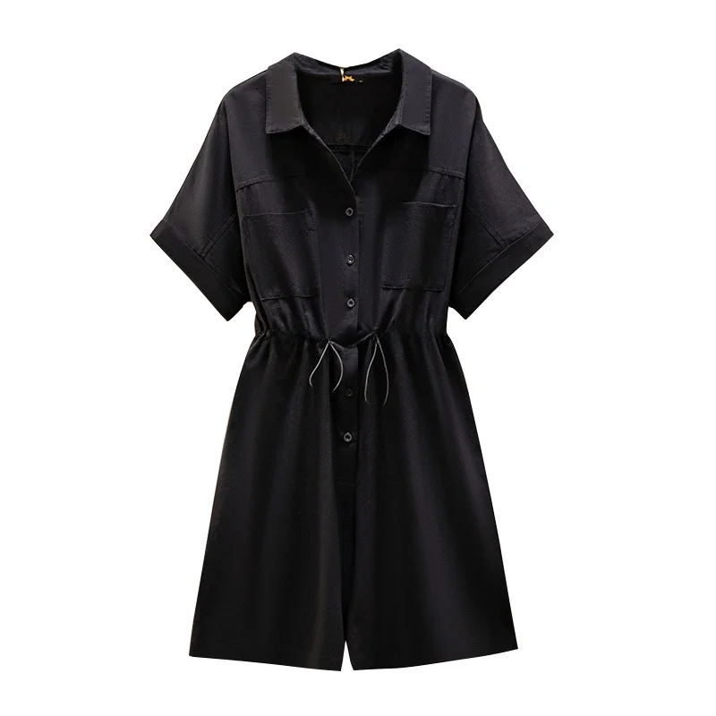 بنطلون نسائي صيفي بخصر مرتفع وياقة، مقاس كبير، قماش قطني، طول خمس بوصات