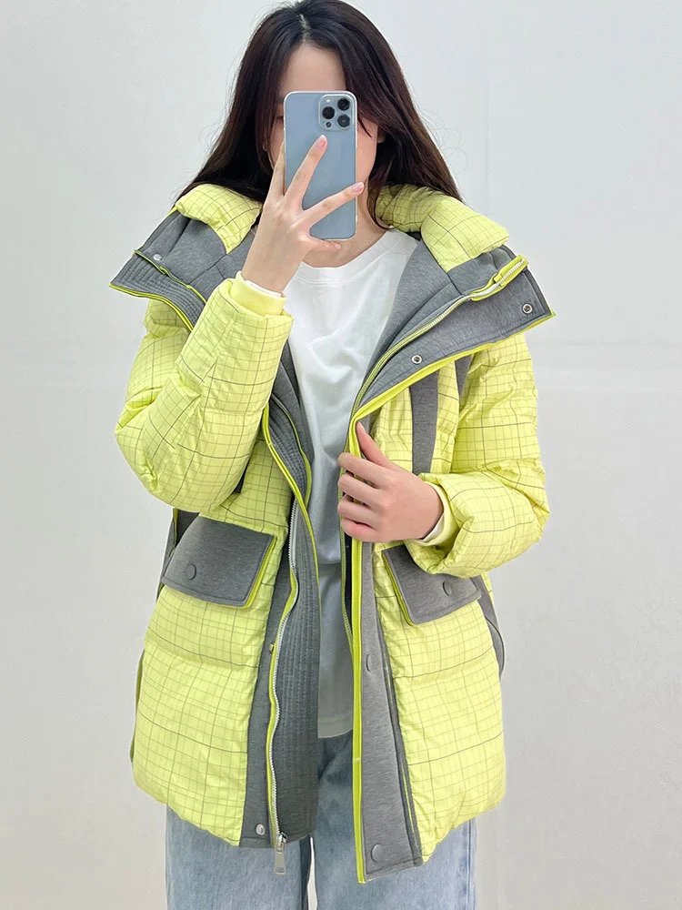 Veste à capuche mi-longue en duvet de canard blanc pour femme, veste à carreaux contrastés épais, Design Sense 90%, nouvelle collection hiver 2023