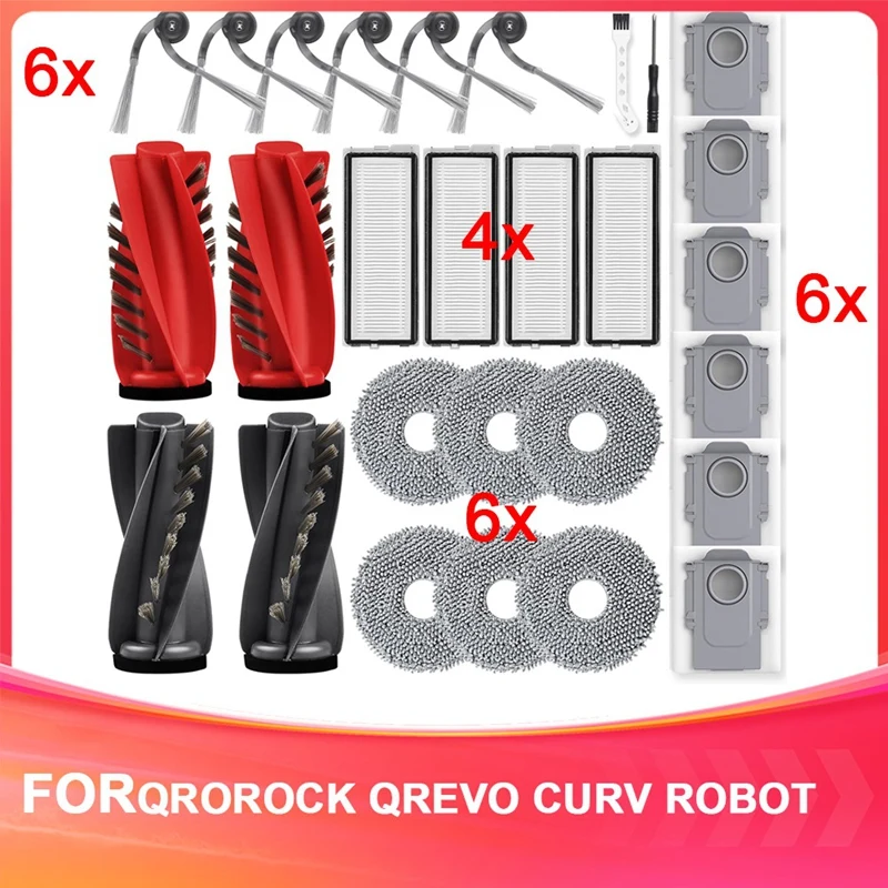 Accessory Set For Roborock Qrevo Curv Robot Vacuum Cleaner With 2 Pairs Of Main Brushes, Wipes,Filters, Dust Bags