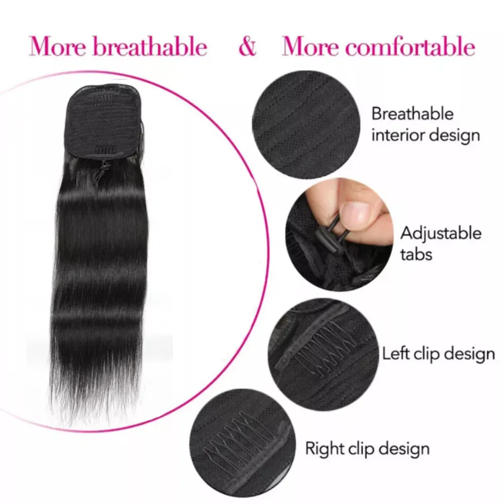 Straight Drawstring Ponytail Extensões para Mulheres, 100% Cabelo Humano, Ponytails Envoltório Clip, Natural Preto, 14-26 in, # 1B