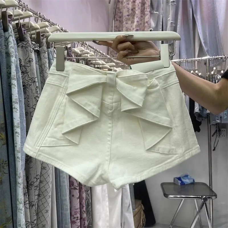 Bow Tie Women's Summer Fashion A-line Wide Leg Hot Pants White Denim Shorts Pantalones Cortos De Mujer Jean Shorts Шорты