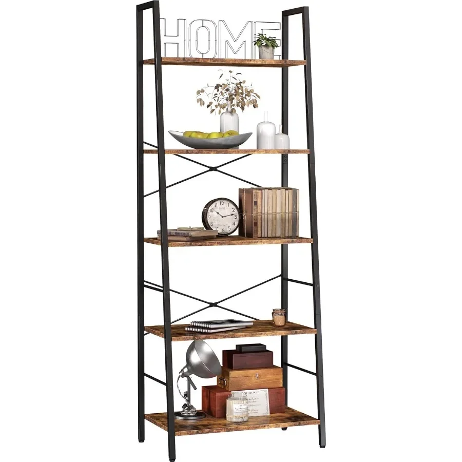 رف كتب سلم من 5 طبقات مع إطار معدني لغرفة النوم والمكتب المنزلي رف تخزين خزانة كتب على الطراز الصناعي باللون البني الريفي لغرفة النوم