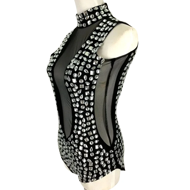 3 Color Perspective Mesh Full Rhinestones Bodysuit Sexy Female Dancer Nightclub Jazz Performance Catsuit DJ Singer Stage Costume