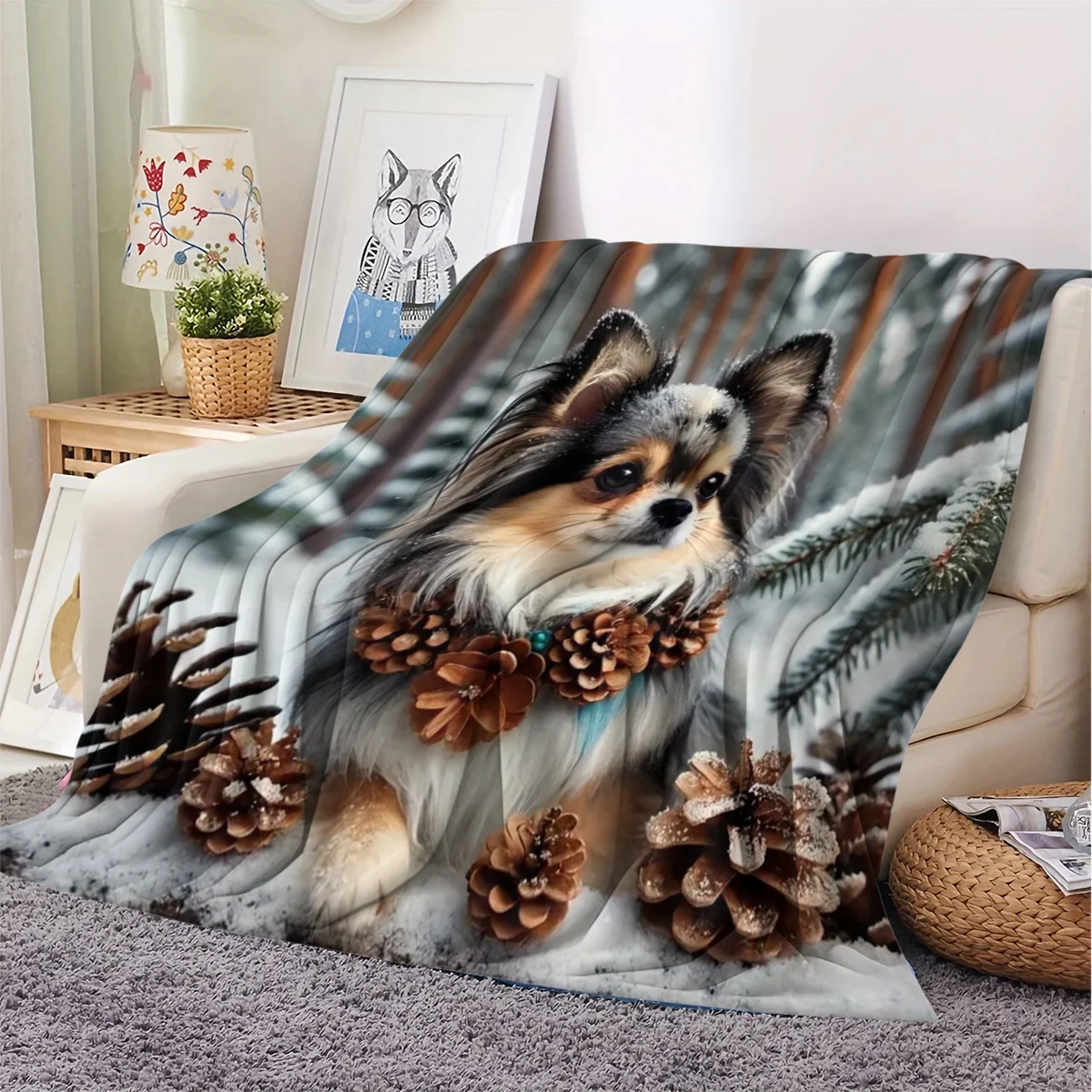 A Soft And Warm Flannel Blanket Featuring a Pattern of a Papillon Dog Wearing a Pinecone Necklace, Perfect for Use on The Sofa,