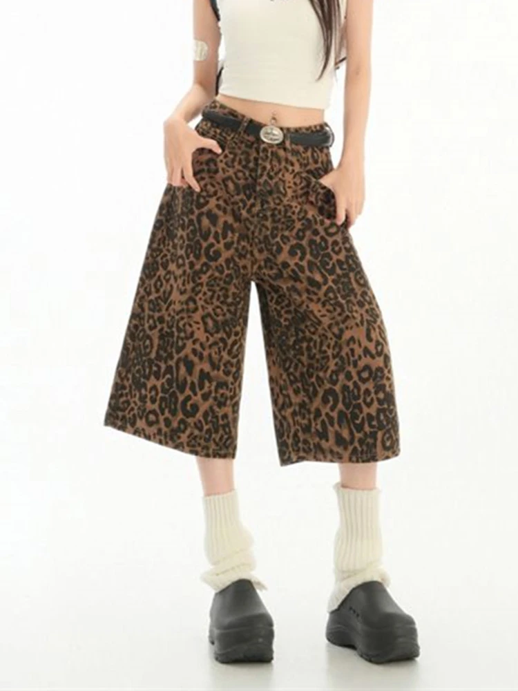 FINEWORDS High Waist Retro Leopard Print Short Jeans Women Korean Summer Wide Leg Denim Shorts Loose Y2K Casual Middle Shorts