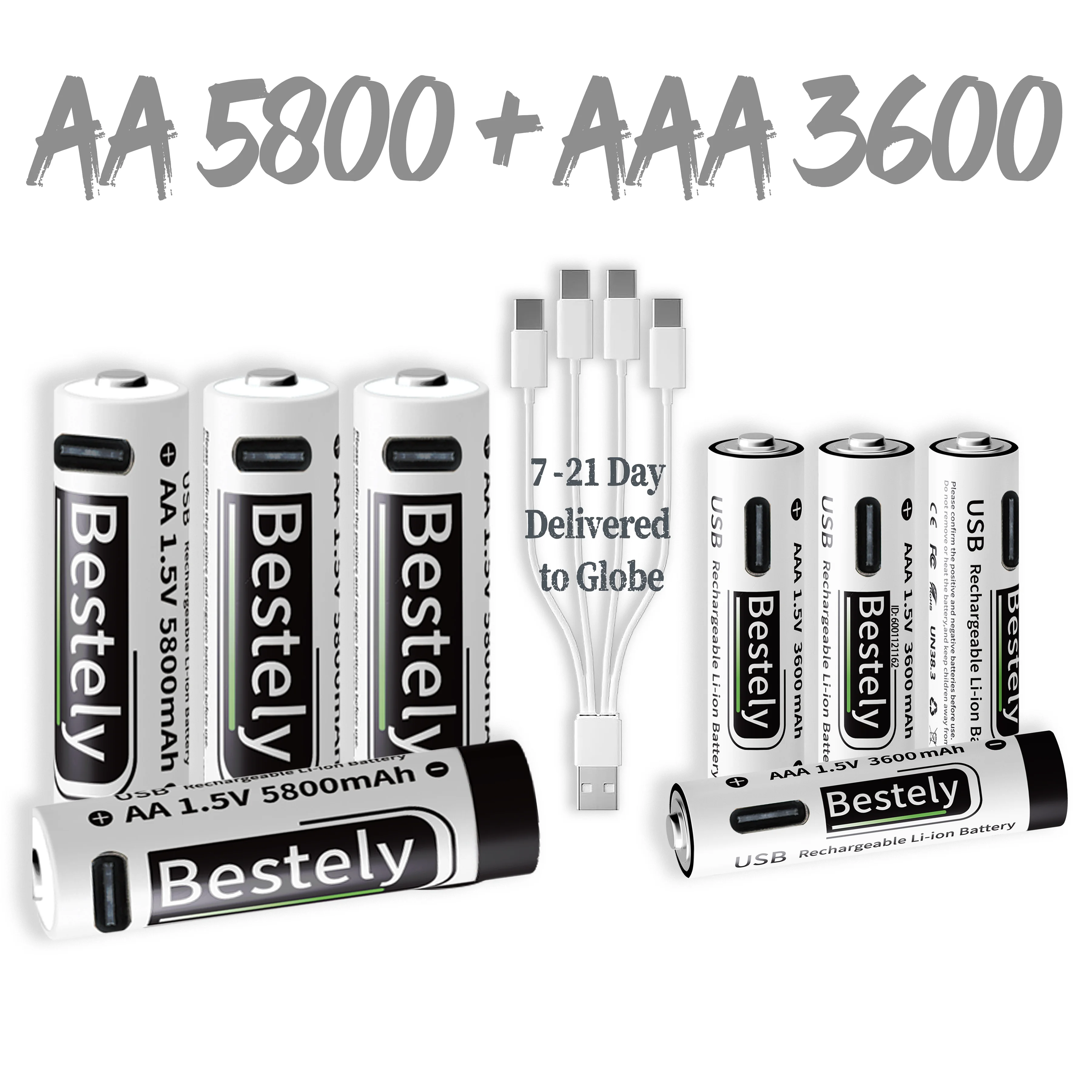 Updated 1.5V AA 5800mAh+AAA 3600mAh Rechargeable Lithium Ion Battery Fast Charging Li-ion Batteries 2000 Cycle with USB-C Cable