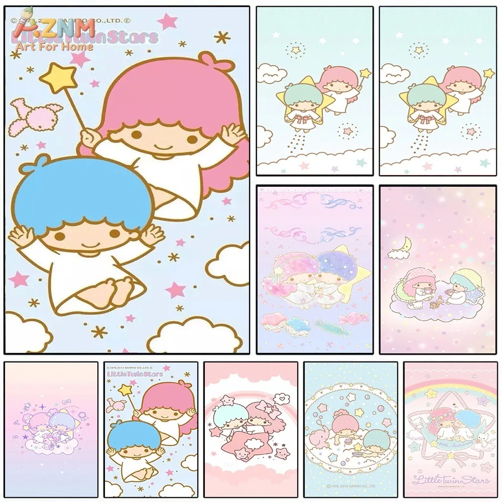 AZNM Little Twin Stars Canvas Wall Art Cute Cartoon Star Magic Wand Cloud Poster Print Kawaii Girls Bedroom Nursery Decor Unfram