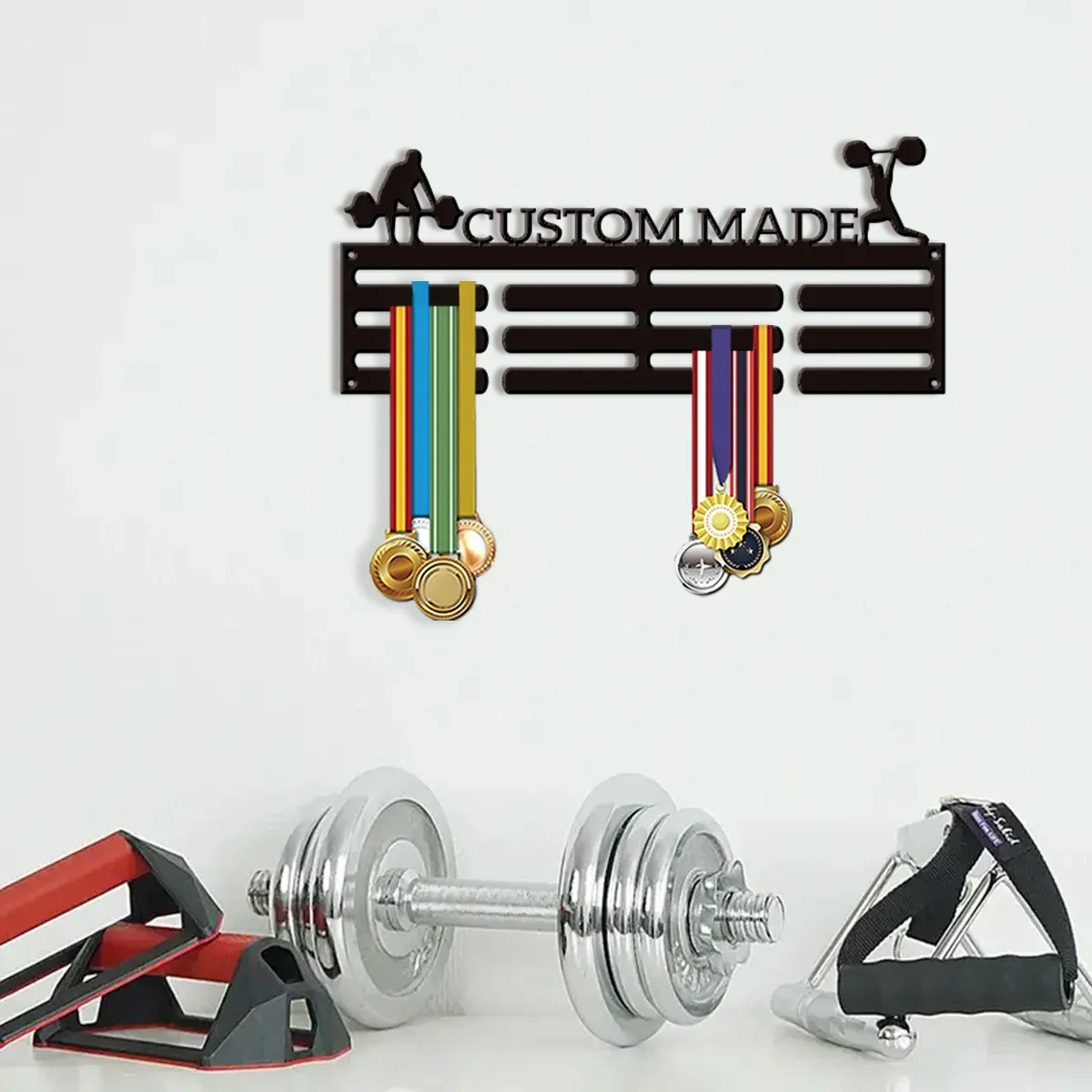1 black metal medal display stand - weightlifter medal ribbon organizer, modern and durable tool free installation for home and