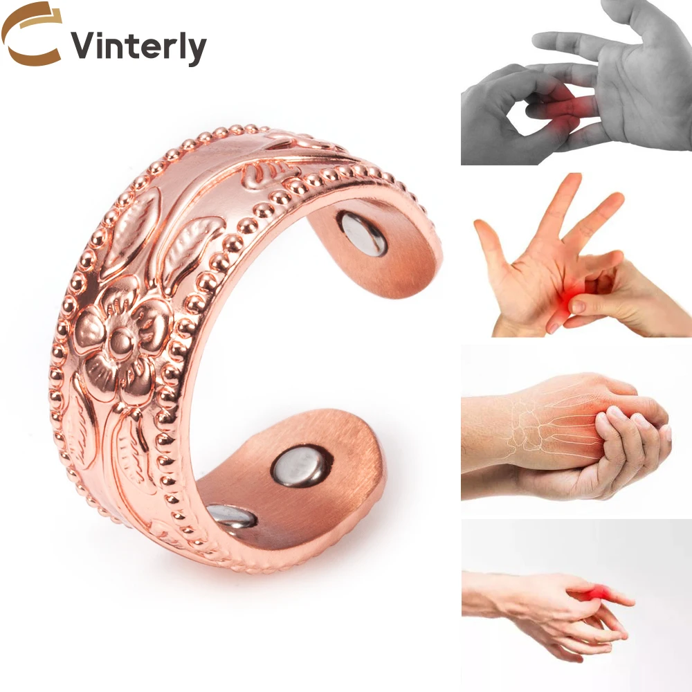 Vinterly Flower Magnetic Rings Pure Copper 9mm Adjustable Open Cuff Minimalist Health Energy Jewelry for Arthritis Pain Relief