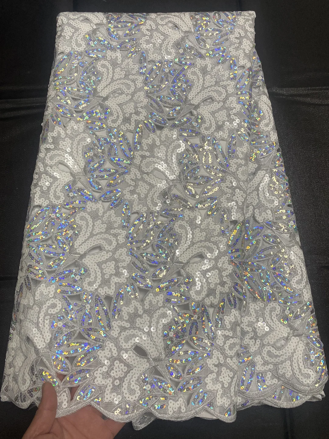 (5yards/pc) High quality white gold African hand cut organza lace fabric with gorgeous sequins embroidery for wedding OP188