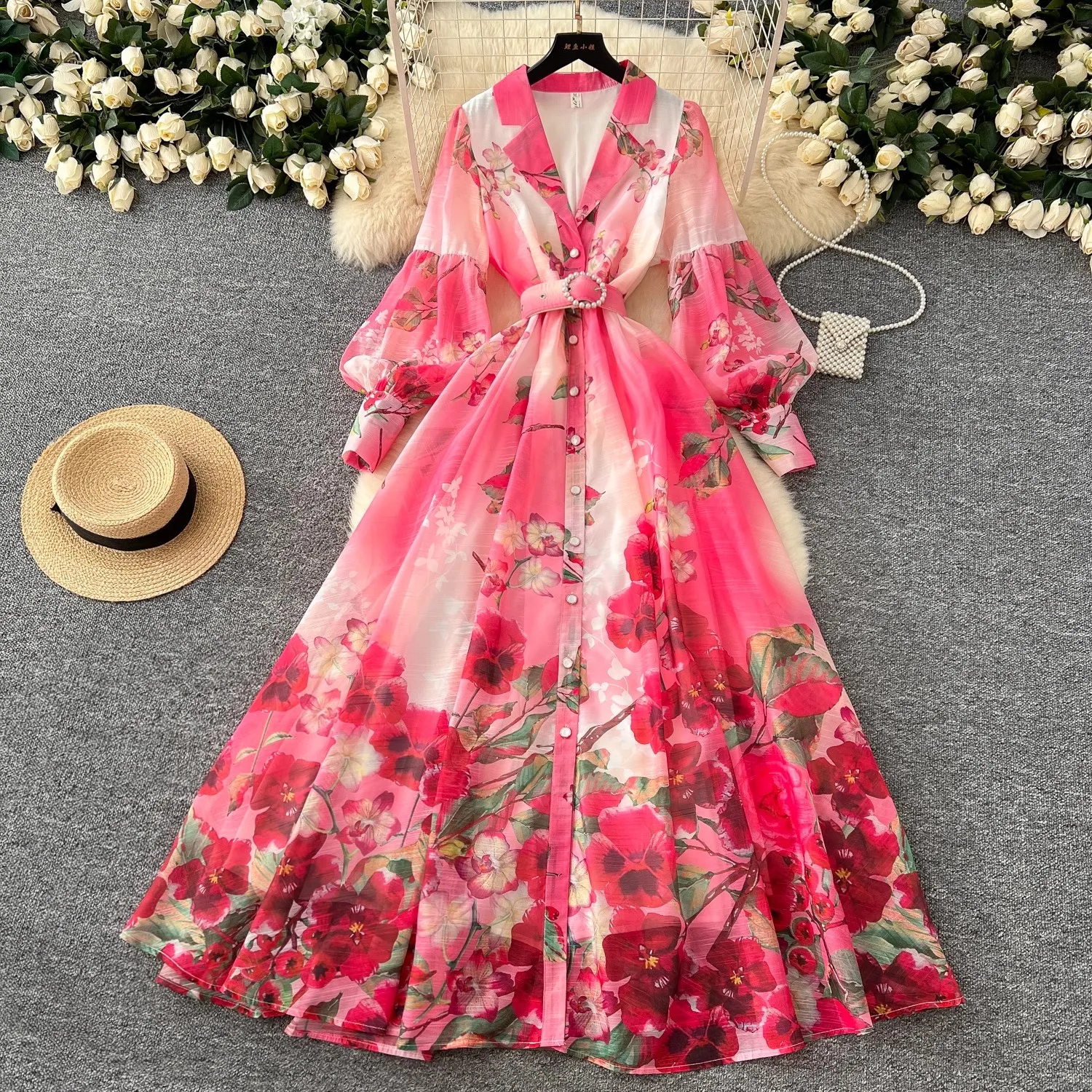 2025 Spring Holiday Gorgeous Flower Maxi Dress Women's Long Lantern Sleeve Notched Floral Print Pearl Belt A Line Robe Vestidos