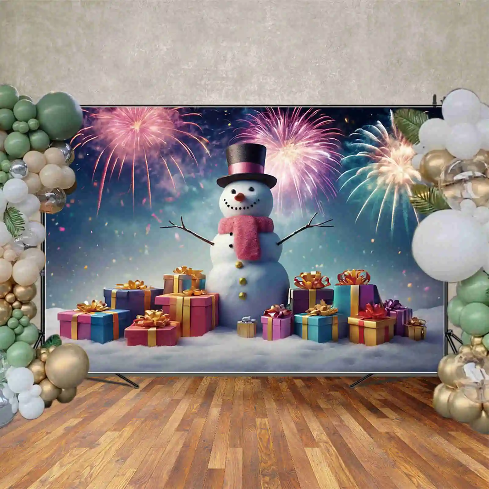 MOON.QG New Year Fireworks Background Photography Snowman Christmas Xmas Tree Photozone Backdrop Children Studio Photocall Props