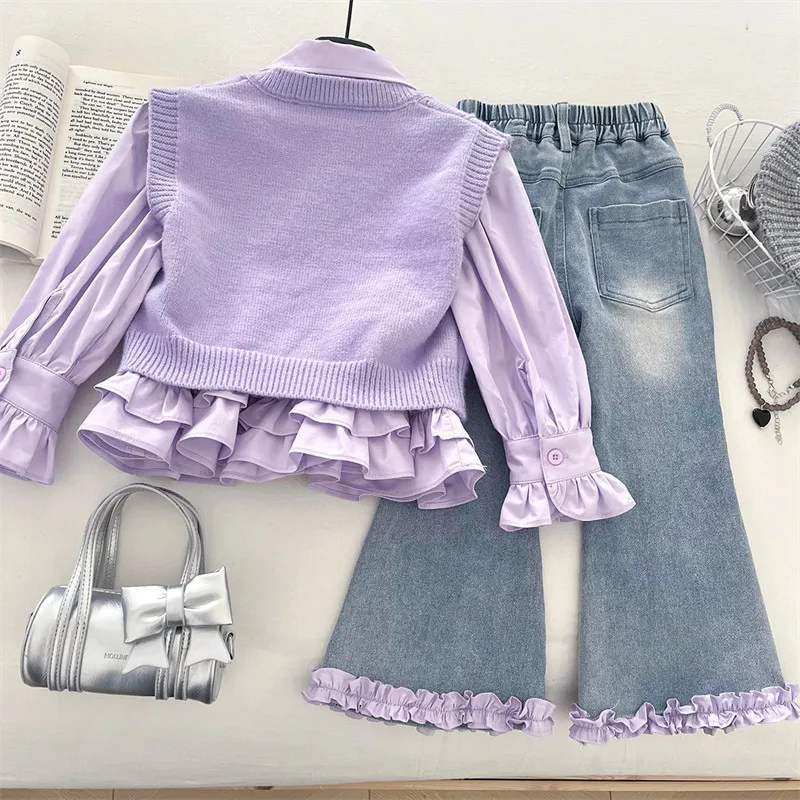 Teens Autumn Spring Children Purple Knitted Shirt Sweater Girl Style Casual and Elegant Ladies Pants Set Kids Fashion Clothes