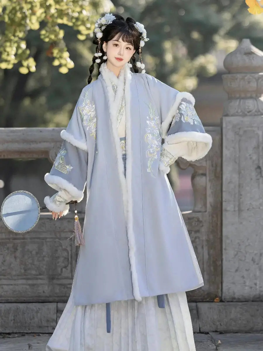 

Thiened Embroidered Hanfu Skirt with Stand Collar for Women Autumn Winter Sle Polyester Fiber Traditional Chinese Costume