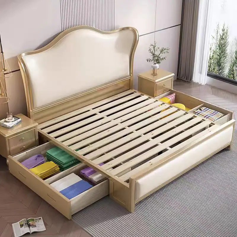 

@#Luxury Style King Size Bed European Style High Quality Solid Wood Soft Headboard Modern Bedroom King Size Bed