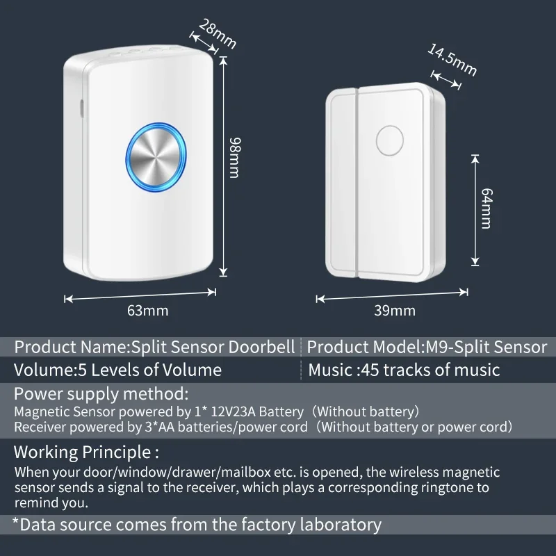 CACAZI Split Sensor Doorbell Wireless Sensor Chime for Door Open Alarm Contact LED Indicator for Business/Home/Windows/Store New