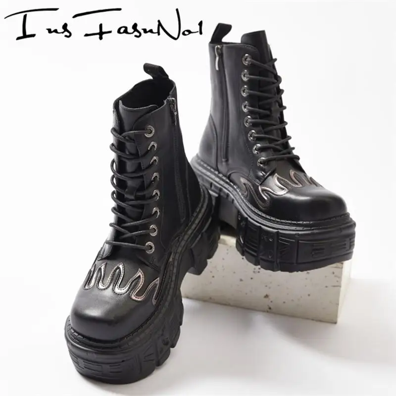 

Женские мотоциклетные ботинки на высокой платформе в стиле панк на массивном каблуке, ботильоны большого размера с вышивкой и пламенем, Mujer, повседневные ботинки Chelsea Botas