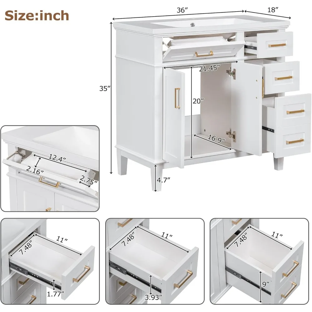 Bathroom Vanity with Sink Combo, Wood White Bathroom Vanity Set with Tip-Out Drawer, 4 Drawers & Double Doors