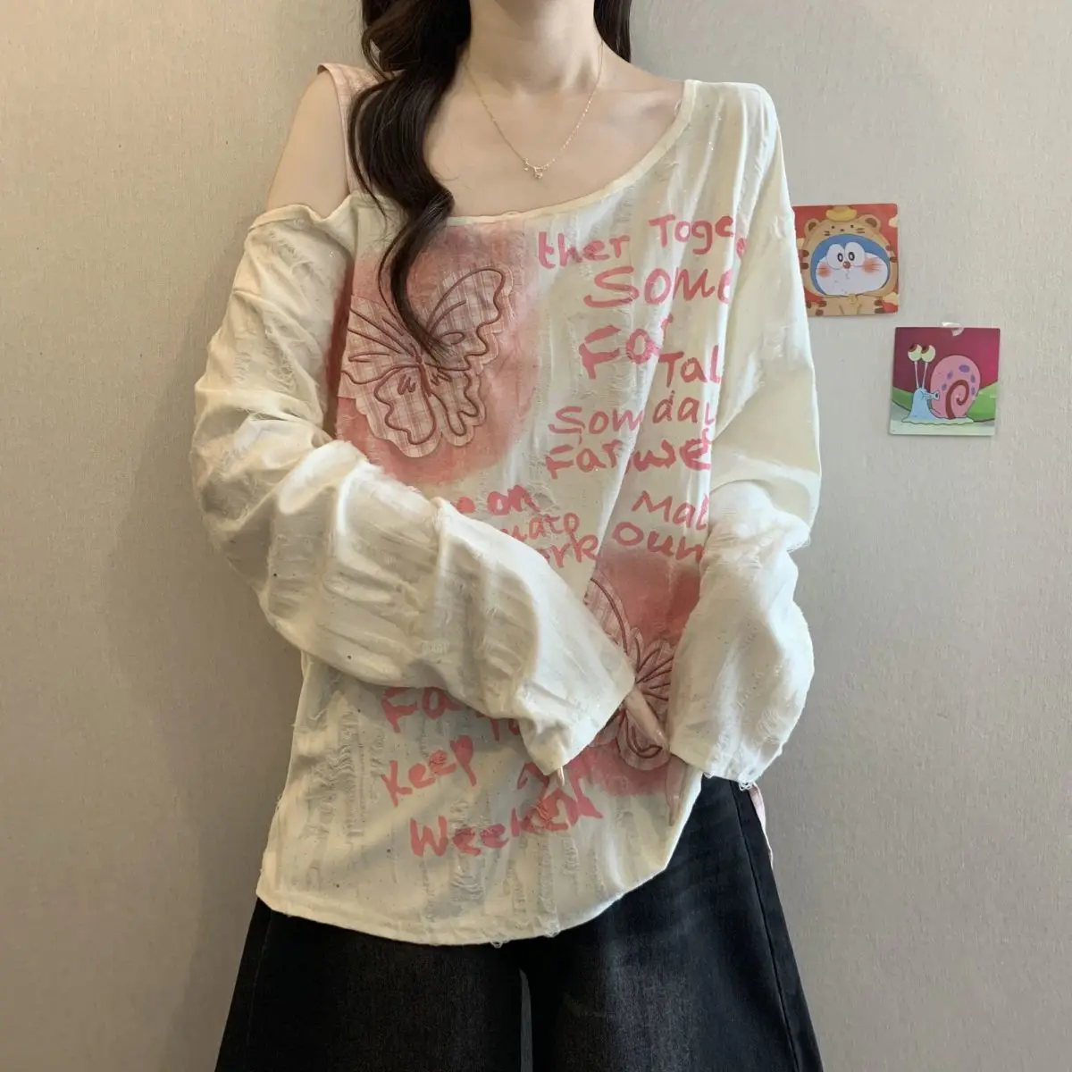 Large Size American Butterfly Slanted Shoulder Long Sleeved T-Shirt for Women, Autumn New Style, Loose Drawstring Top for Women