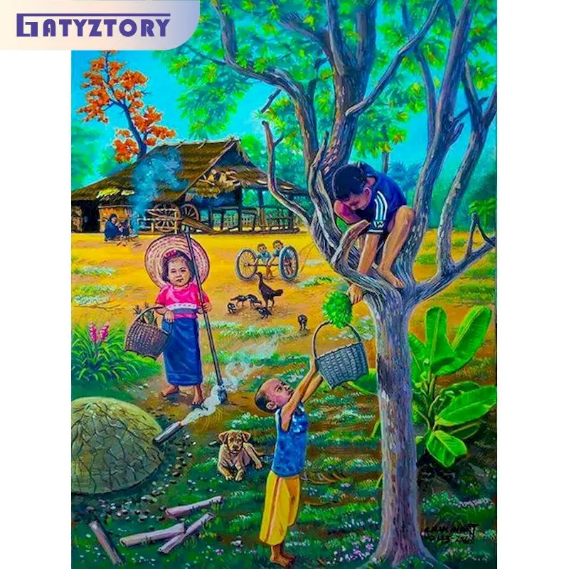 

GATYZTORY Acrylic Painting By Numbers For Adults With Frame 60x75cm Modern Child Climbing Trees Drawing Coloring By Numbers For