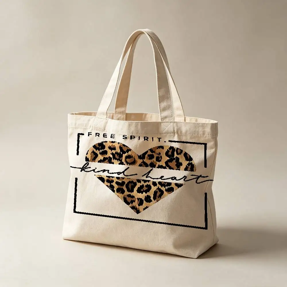 Fashion Leopard Heart print Canvas Tote Bag Waterproof Lining Large Capacity Reusable Shopping Bags Casual Student Daily Handbag