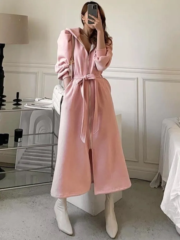 East Gate Chic Thiened longue fermeture éclair fendu à capuche vêtements d'extérieur décontractés confortable longue Sve lanterne Sve couleur Sweat