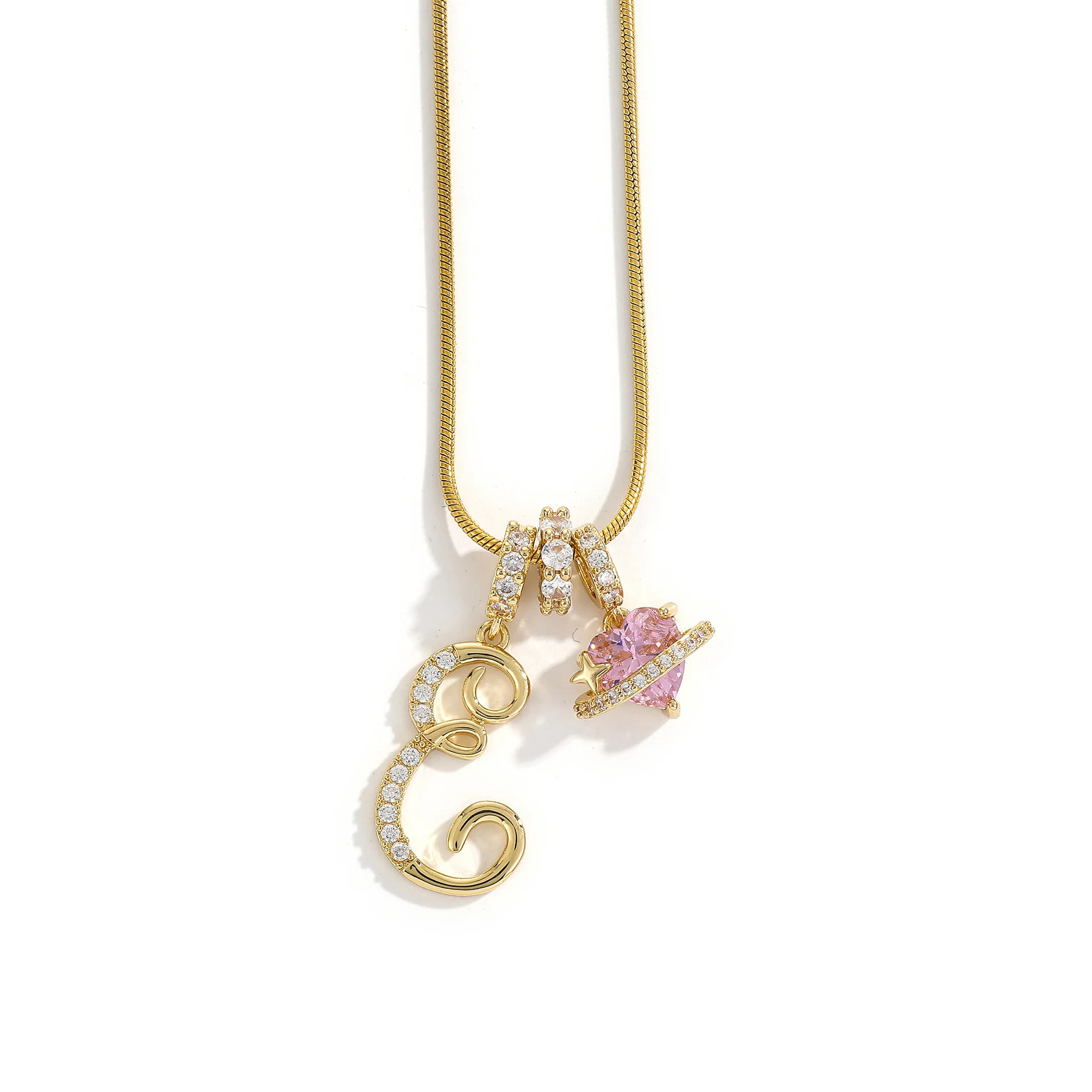 Women's A-Z Initial Letter Pendant Necklace Snake Chain Initial Alphabet CZ Pink Heart Necklace Adjustable Size Hypoallergenic