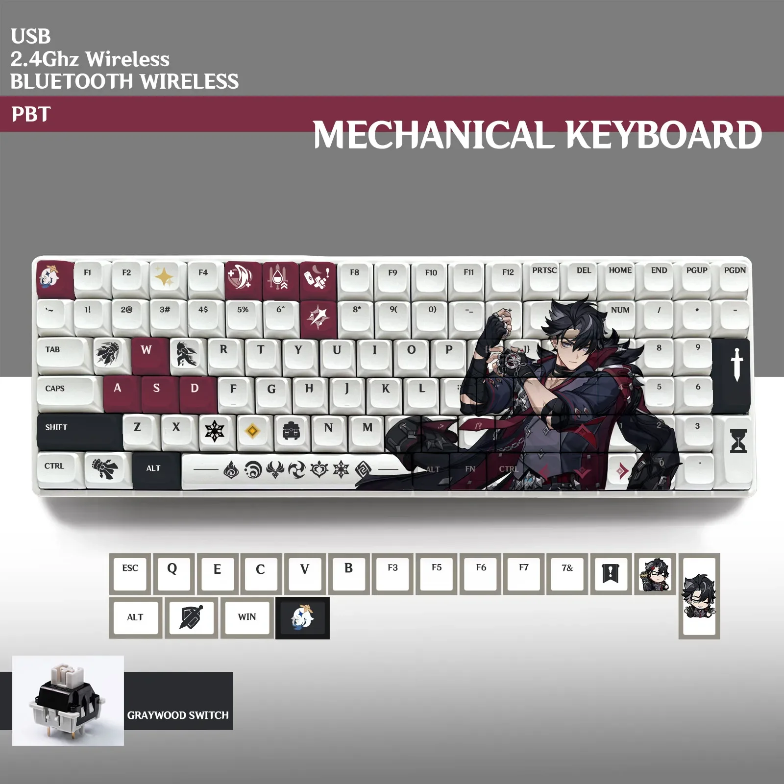 Genshin Impact Furina Wriothesley Mechanical Keyboard with Dye-sublimation 100 Keys PBT Plastic Keycaps