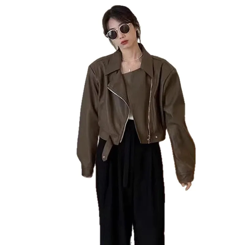 Femmes veste en cuir Vintage américain rue revers court noir PU Biker manteaux femme 2025 automne mode culture hauts manteaux