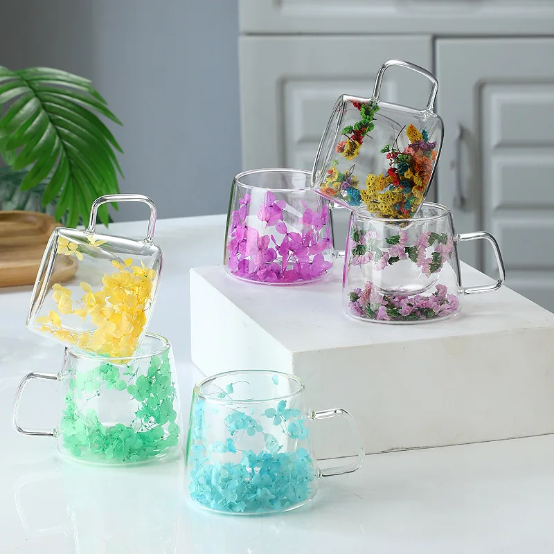 200ML Tumbler Double Walled Glass Cups with Real Dried Flowers Heat Resistant Coffee Mugs Floral Tea Cups Kitchen Accessories