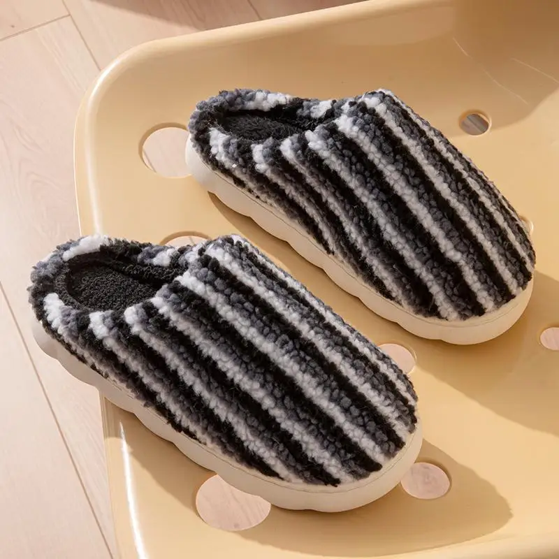 Modische Plüsch-Streifen-Hausschuhe für Damen Herbst Winter 2026 Dicke Plattform Baumwoll-Pantoffeln Warme Flauschige Rutschfeste Schuhe – Detail 5
