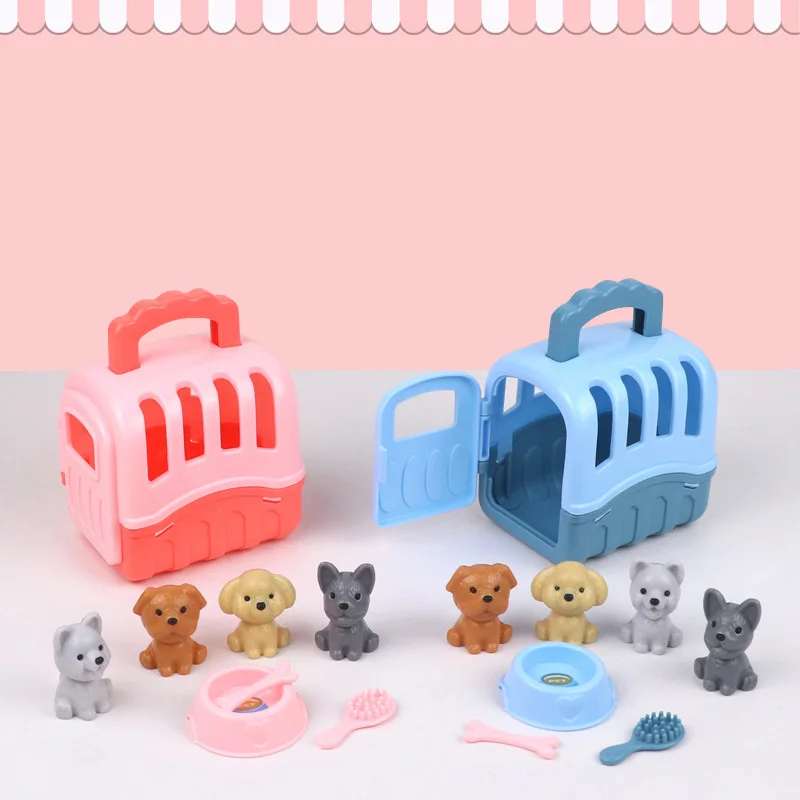 8pcs/set Cute Dog Pet Basket Family Toys Dog Doll Set Dog Cage Scene Playing Toys Christmas Decoration and Thanksgiving Gifts