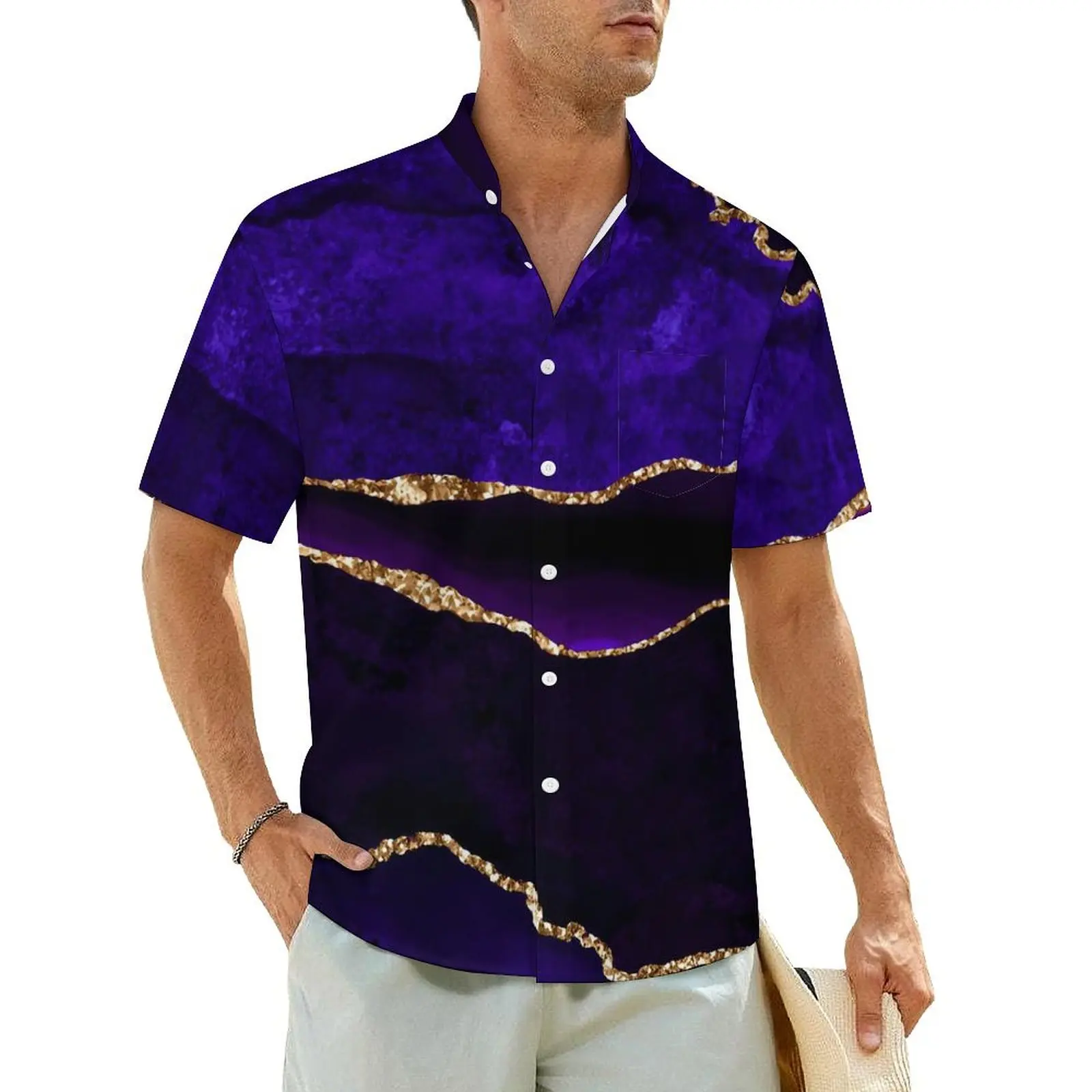 

Marble Print Beach Shirt Purple and Gold Hawaiian Casual Shirts Man Cool Blouses Short-Sleeve Harajuku Design Clothing