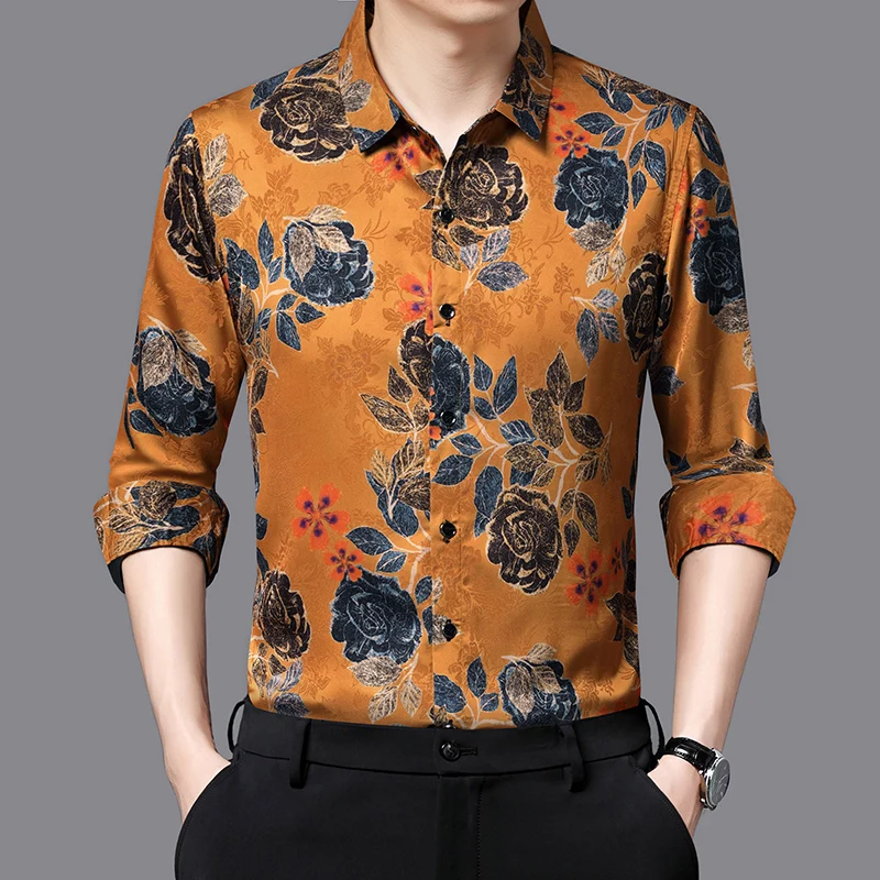 Breathable Coolness Shirt For Men Long Sleeve Floral Print Silky Spring High Quality Soft Comfortable Casual Lapel Chemise Homme