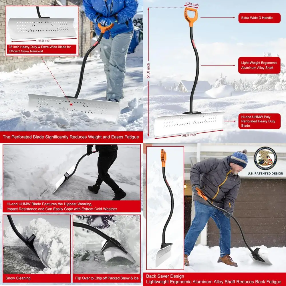

Heavy Duty 36 Inch Snow Pusher - Extra Wide Snow Shovel for Driveway, Sidewalk, Patio, Deck, and Doorway Snow Removal - Ergonomi