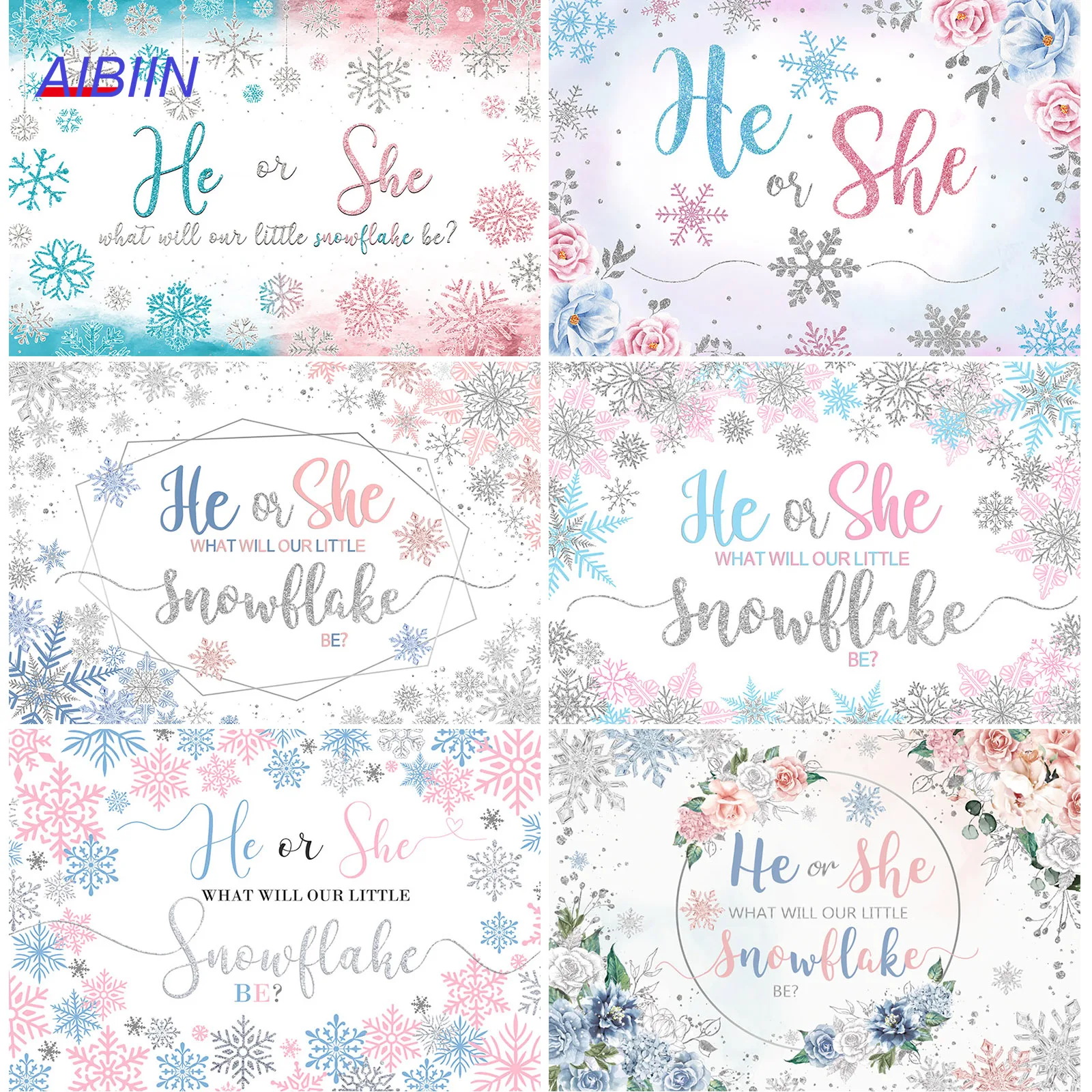 

Winter Snowflake Gender Reveal Backdrop He or She Boy or Girl Baby Shower Party Decor Blue Pink Maternity Photography Background