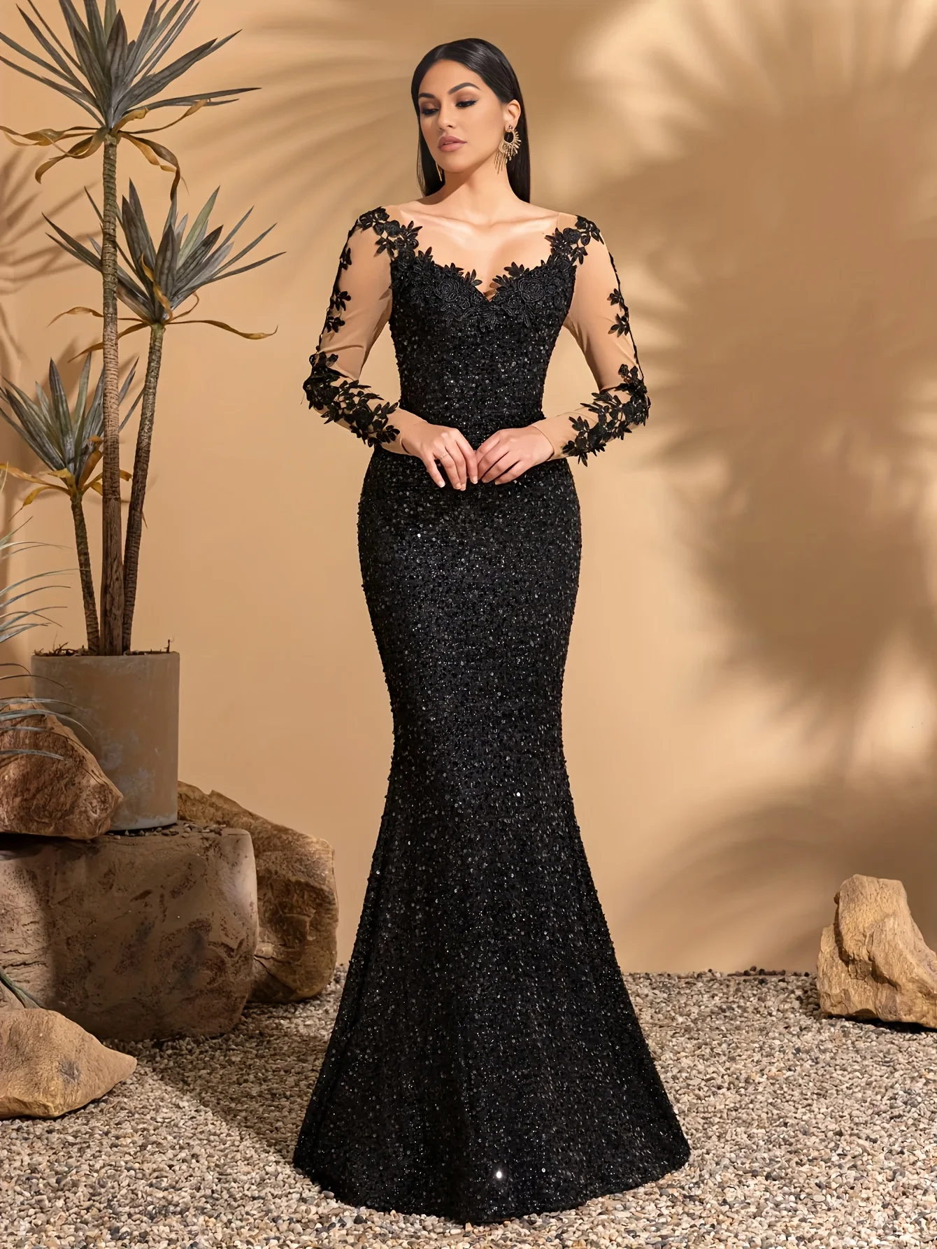 

Elegant Off - Shoulder Evening Dress 2025, Women's Black Sequin Mermaid Gown with Floral Sleeves for Luxury Party Customized