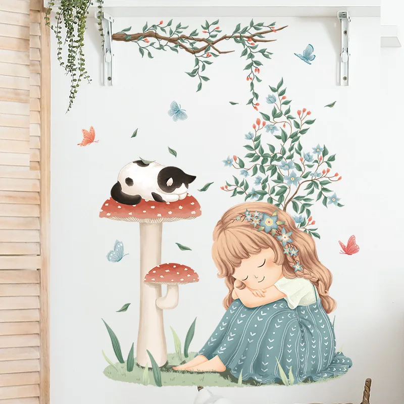 Adesivo da parete per cartoni animati per bambini Ragazza Foglie di vite fresche Decorazioni per la camera in PVC Accessori per la decorazione della casa Carta da parati autoadesiva