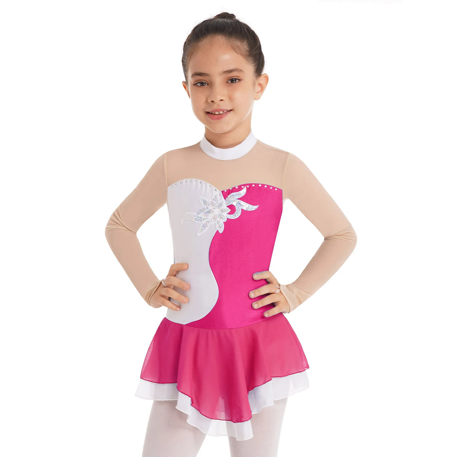 Kids Girls Figure Ice Skating Dress Long Sleeve Rhinestone Ballet Dance Gymnastics Leotard Competition Stage Performance Costume