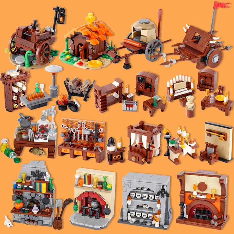 MOC Medieval Castle Halloween House Furniture Witch Wizard Figures  Building Blocks Fireplace Kitchen Printed Knight Bricks Toys