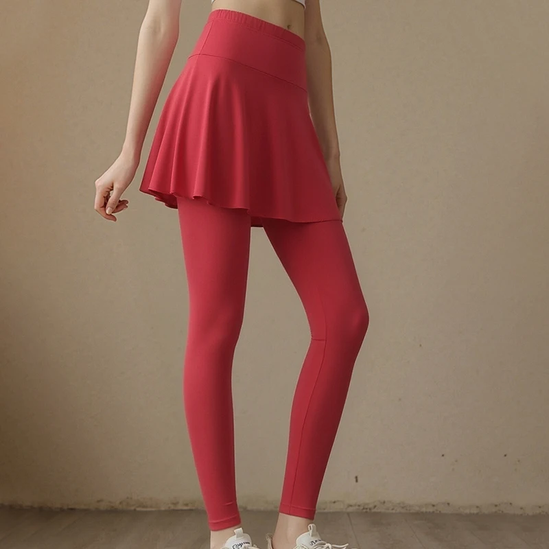 Ladies' Summer Solid Color Fashionable Dress Paired With Long Pants Casual Sports Running Pleated Skirt Tight Pants Yoga Pants