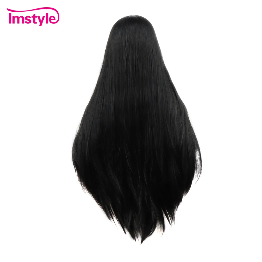 IMSTYLE Jet Black Lace Wig Synthetic Lace Front Wig 30-calowe długie proste peruki dla czarnych kobiet Żaroodporne codzienne peruki do cosplay — zdjęcie 3