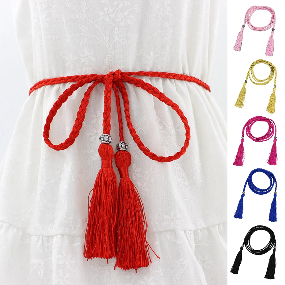 

Simple Braided Tassels Belt Thin Knot Waistband Boho Cotton Line Waist Rope Double Head Woven Fringes Waist Belt Casual Vintage