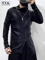 Mens Slim Fit Irregular Stand Collar Faux Leather Sweatshirt Gothic Style Autumn Winter Casual Fleece Lining Pullover T-Shirt