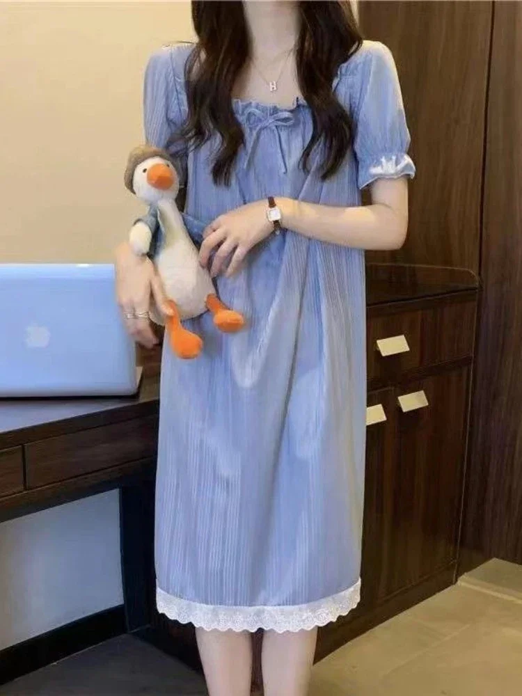 

Bow Nightgowns Women Puff Sleeve Elegant Midi Summer Sleepwear Vintage College Home Simple Casual Y2k Daily All-match Ulzzang