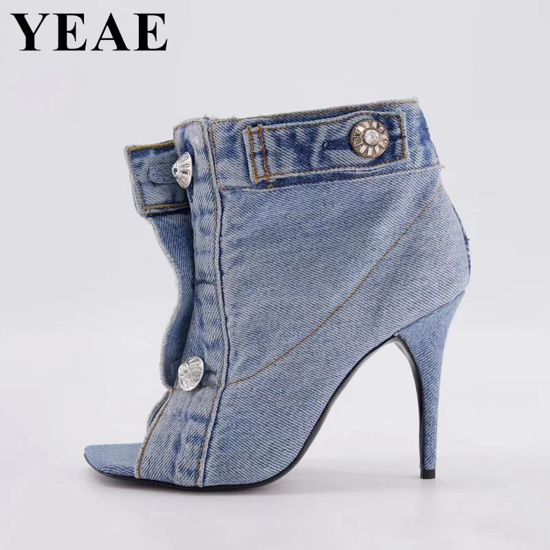 

New Fashion Denim Metal Button Cowboy Boots High Heel Sandals Ankle Boots for Women 2024 Summer Open Toe Shoes Female Footwear